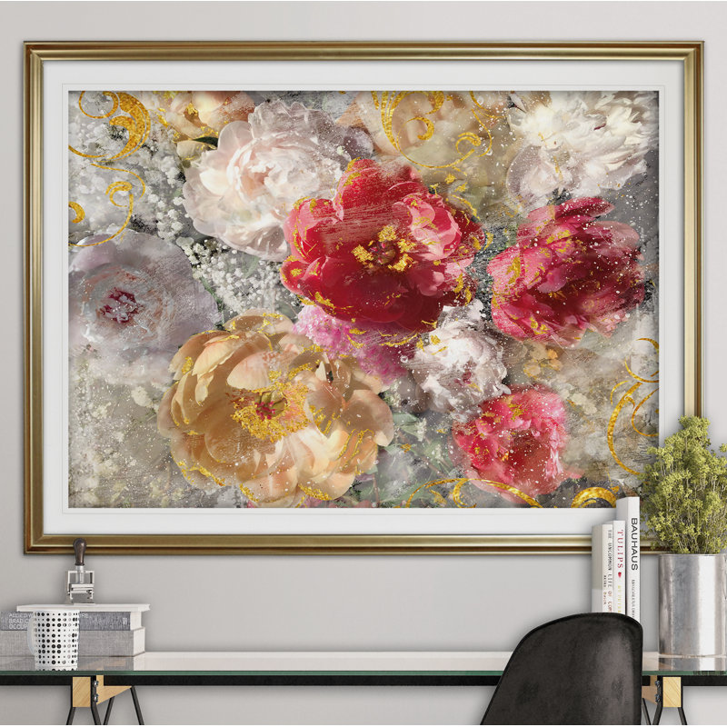« roses le intemporel i », reproduction de peinture à l’acrylique encadrée, H 20 po x l 24 po x P 1,5 po, Or