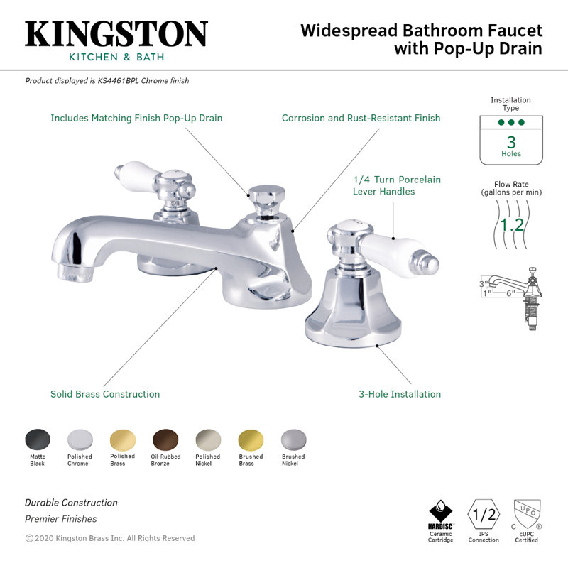 Kingston Brass Bel-Air Two-Handle 3-Hole Deck Mount Widespread Bathroom Faucet with Brass Pop-Up Drain, Polished Brass