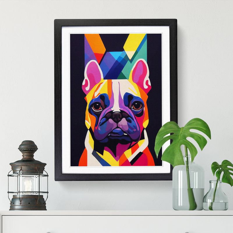 French Bulldog Modern - Wall Art, 34cm H x 25cm W x 2cm D, Oak Framed Paper, White
