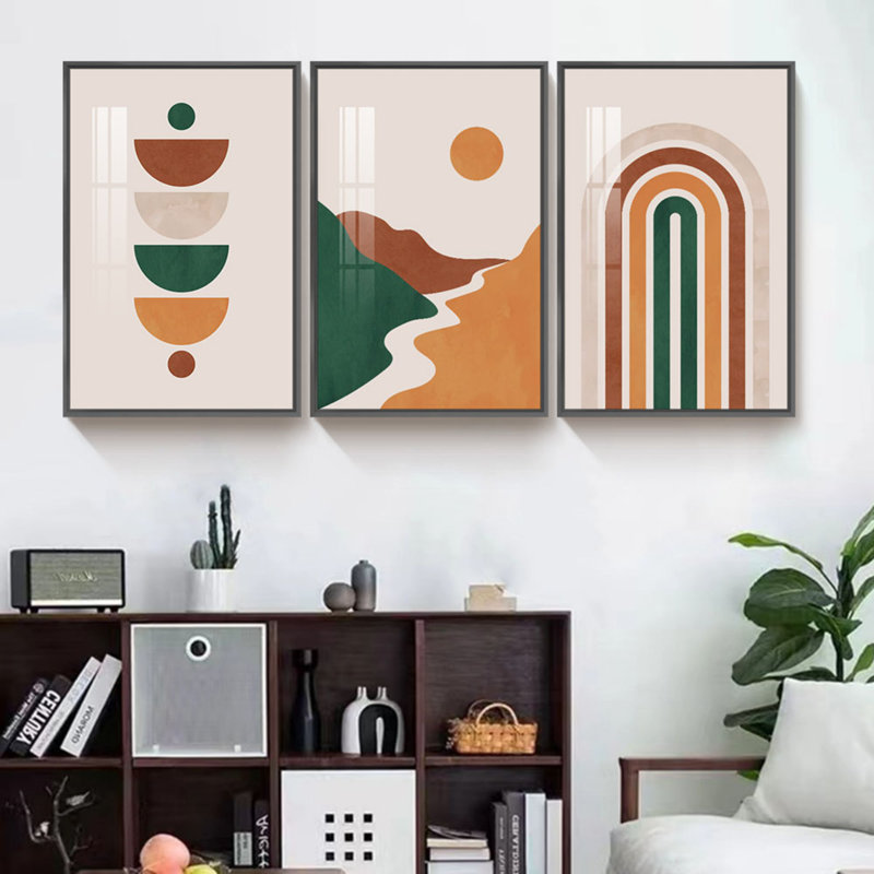 "Modern Geometric", impression sur toile encadrée 3 pièces pour salon, L 48,5 po x H 24,6 po, Cadre noir