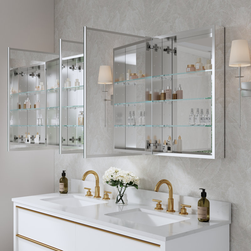 56''W X 30'' H Recessed Or Surface Wall Mount Bathroom Medicine Cabinet With Adjustable Glass Shelves