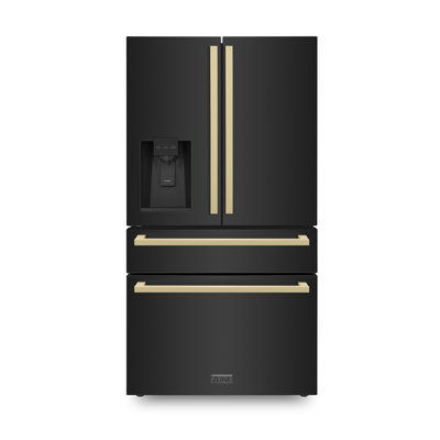 36"" Autograph Edition 21.6 Cu. Ft 4-Door French Door Refrigerator with Water and Ice Dispenser in Black Stainless Steel with Champagne Bronze Square H -  ZLINE, RFMZ-W-36-BS-FCB