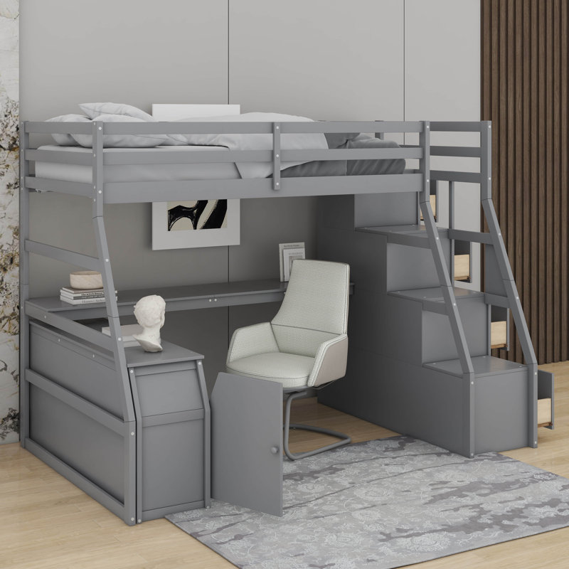Lit mezzanine simple avec tiroirs, tablettes et bureau, gris