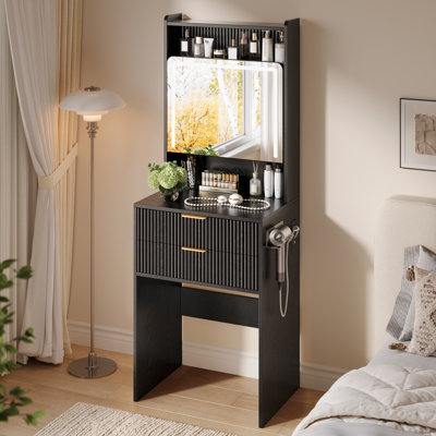 Bureau de meuble-lavabo 21 po, meuble-lavabo cannelé noir avec miroir lumineux à DEL et deux prises et port USB, pour chambre à coucher et appartement