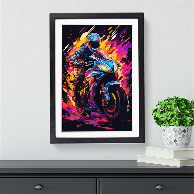 Motorbike Digital 1 Piece Single Picture Frame Wall Art, 64cm H x 46cm W x 2cm D, Black Framed