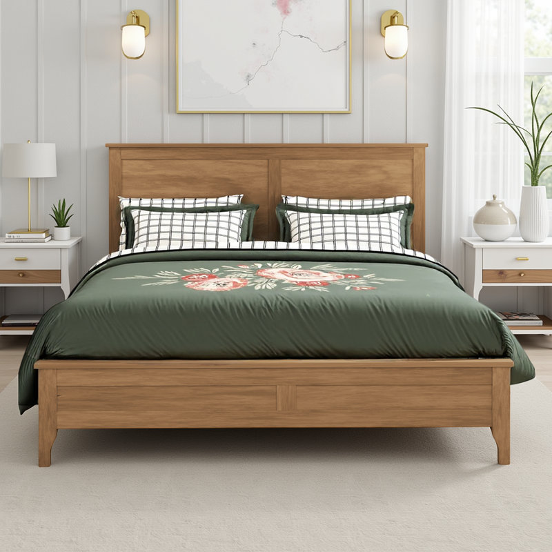 Afore Wooden Platform Bed Frame with Headboard, Solid Pine Construction, Full, Brown