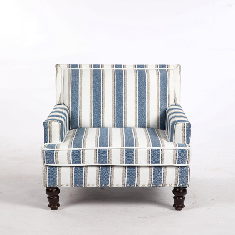 Upholstered Accent Chair, Vintage Armchair With Blue And White Striped Linen Fabric And Nailhead Trim For Living Room, Blue