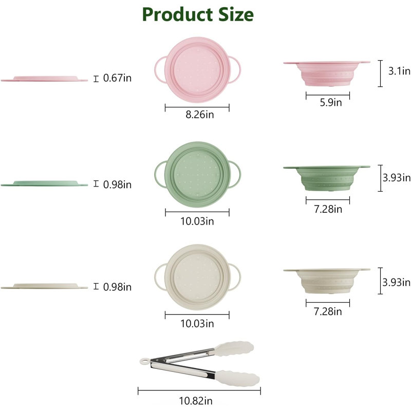 3 Pack Collapsible Silicone Colander Set with Tongs, Stainless Steel Rim, Heat Resistant & Dishwasher Safe, 2QT & 4QT, Pink Sage Green Cream