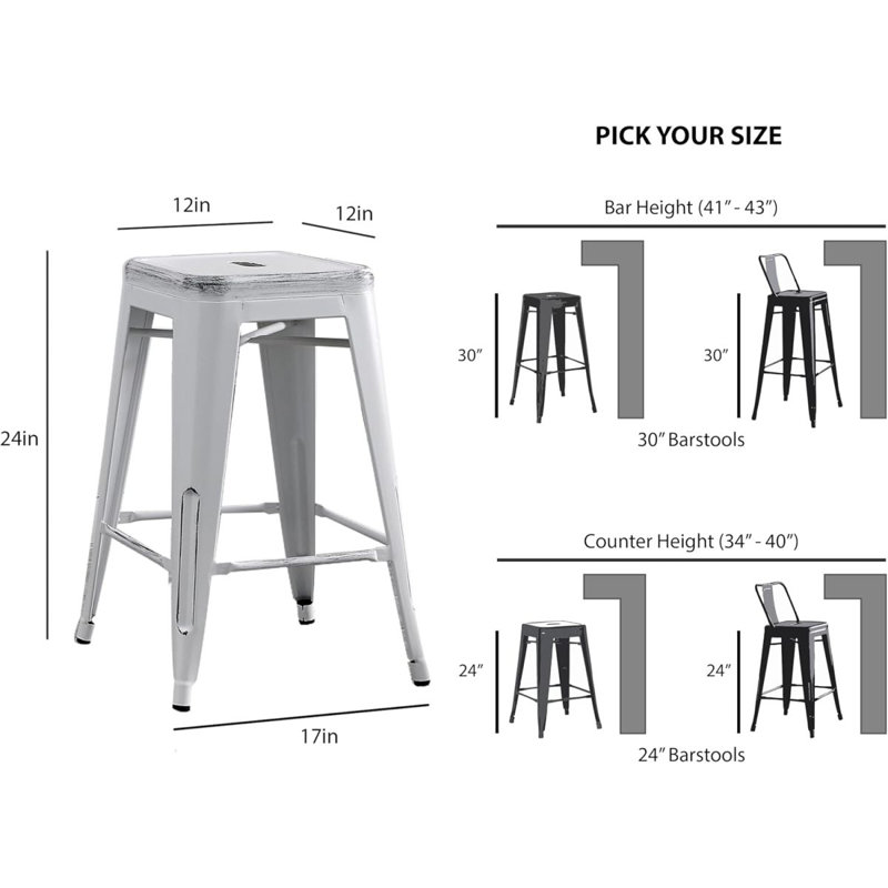 Tabourets de bar sans dossier, légers, industriels, contemporains, rustiques, rétro, côtiers, en métal, sans dossier et 4 pieds (ensemble de 2) (siège de 24 po, blanc vieilli)