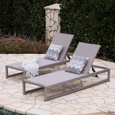 2 Chaise Lounge , Adjustable, Grey Mesh, Strong Aluminum Construction Adjustable Of 2, Classic Mesh Outdoor Furniture With Frame