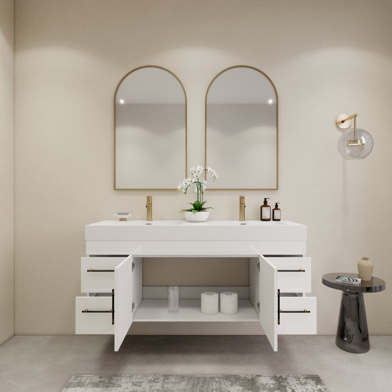 59" Wall-Mounted Double Bathroom Vanity Set, Glossy White