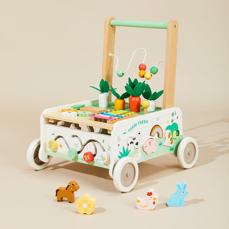 Poussette en bois en bois avec centre d'activités pour la ferme, trotteur à vitesse réglable avec xylophone, jeu de carotte et trieur de forme