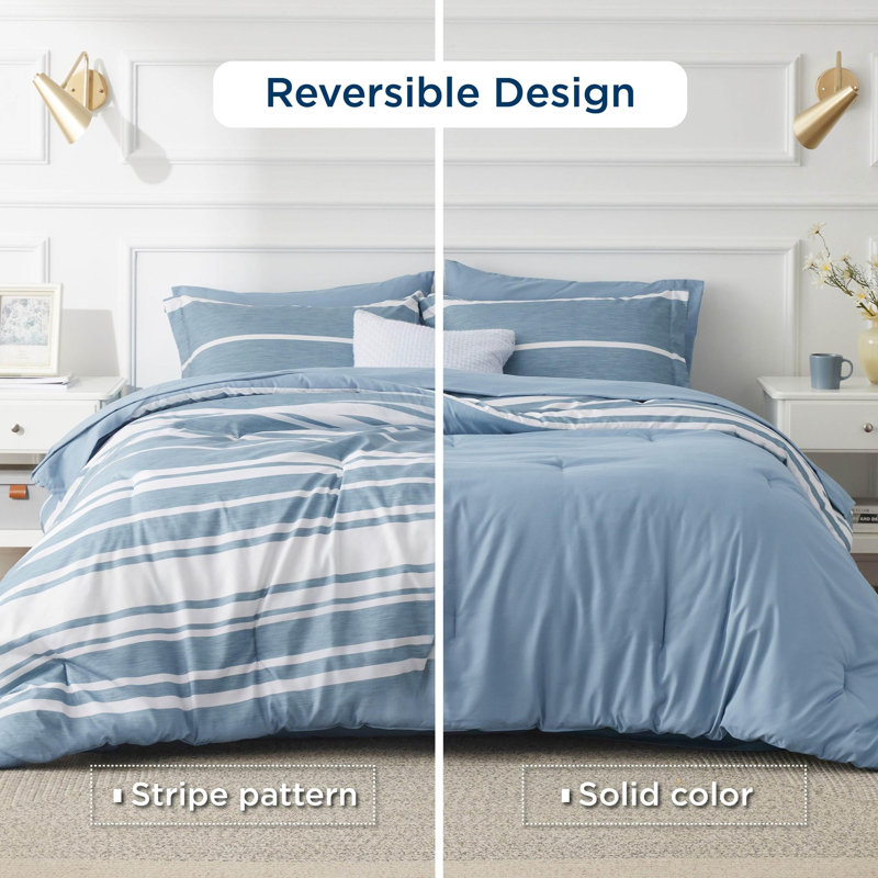 Bedsure Striped All Season Comforter Set, Twin Comforter + 4 Additional Pieces, Gray Blue