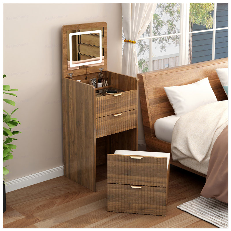Meuble-lavabo 3 en 1 avec 3 tiroirs et tabouret à roulettes, meuble-lavabo compact avec miroir et lumières
