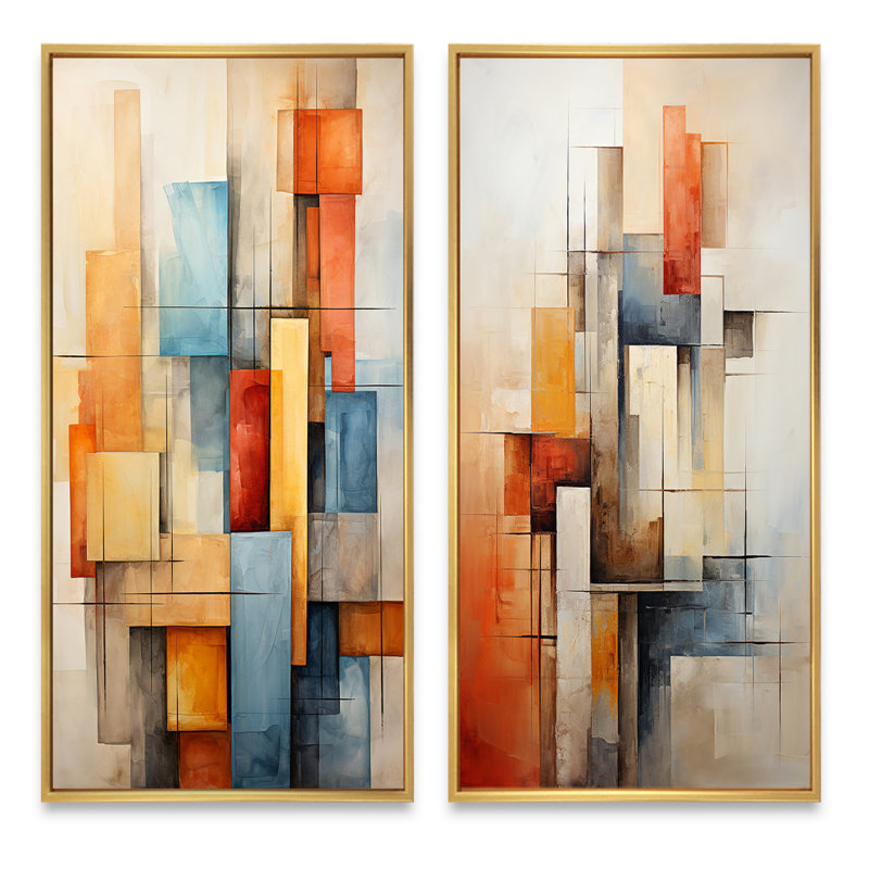 «Cubism Fragmented Perspectives», 2 pièces sur toile, H 40 po x l 40 po, Encadrement doré