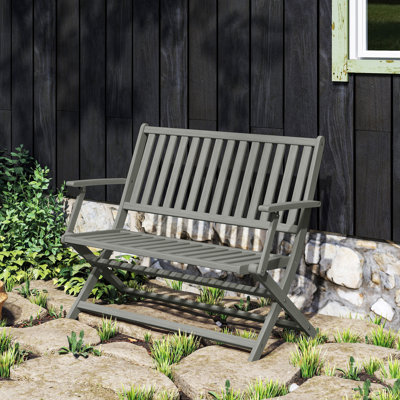 Wood Outdoor Bench, 2-Person Foldable Patio Acacia Wood Garden Bench with Backrest and Armrests for Garden, Porch, Park, Balcony, Teak