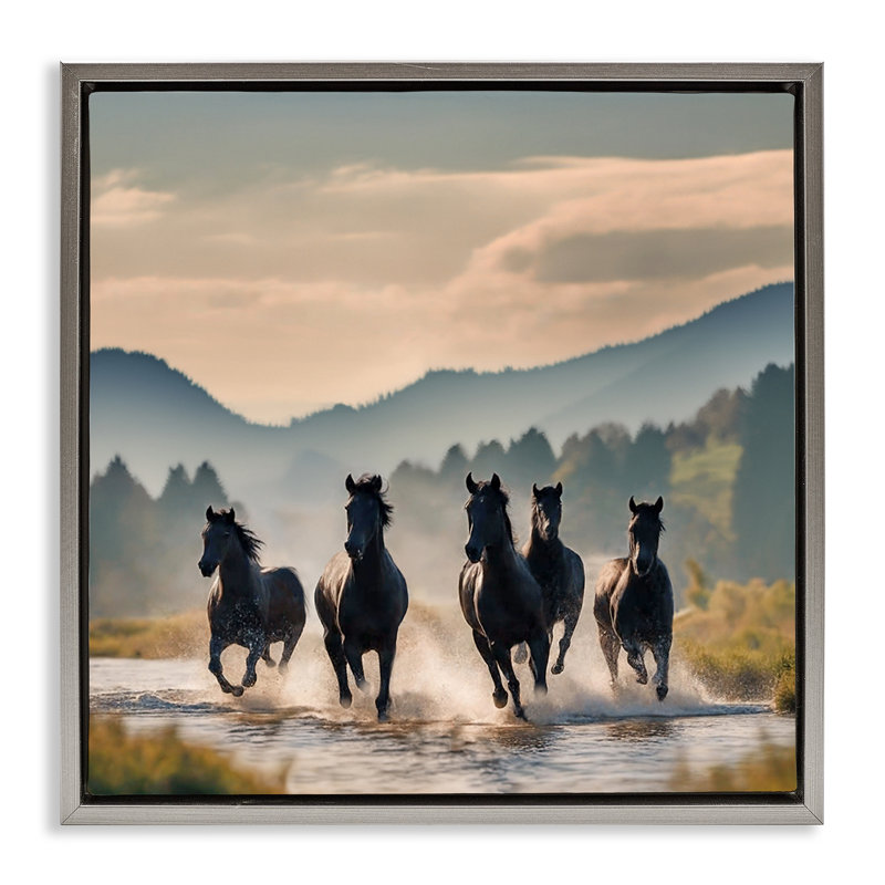 «Canyon Stallions Trotting» par Noah Bay, Cadre flottant gris lustré, H 25 po x l 25 po
