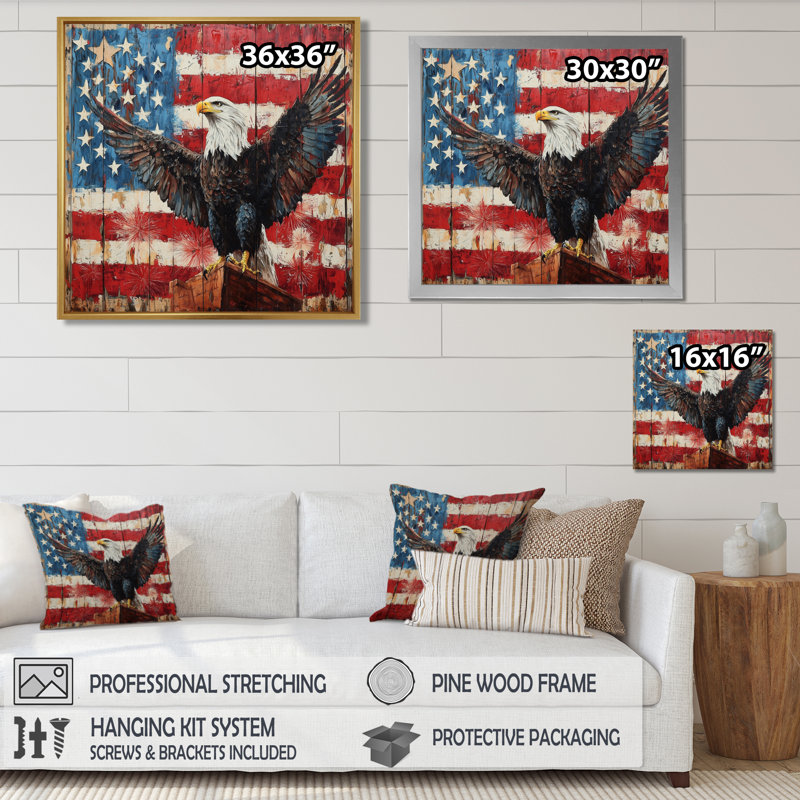 Patriotisme, aigle et drapeau des États-Unis, paysage III - art mural aigle pour le salon, H 36 po x l 36 po