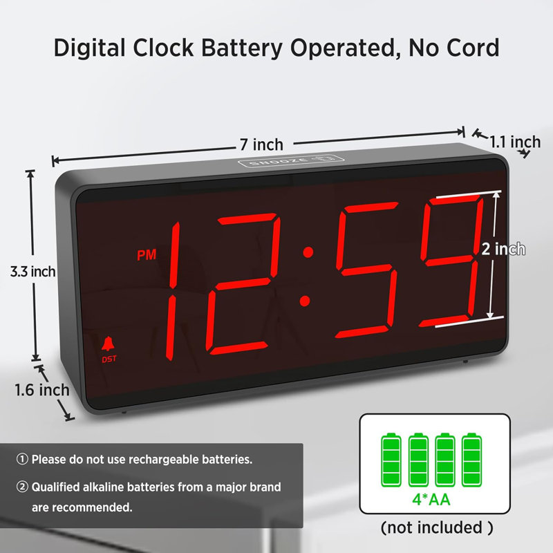 Battery Operated Digital Clock Alarm Clock Cordless Large Big Numbers 4 Dimmers For Seniors Adjustable Volume Loud Alarm Clock For Heavy Sleepers Adults (Red Digits)