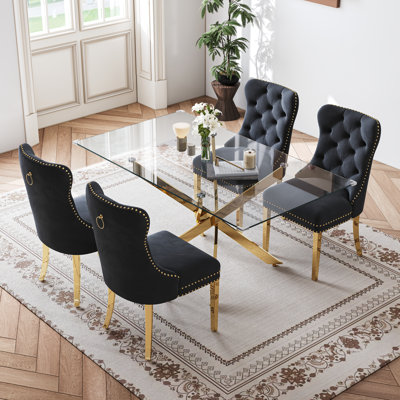 5-Piece Rectangular Glass Dining Set, 63" Modern Tempered Glass Dining Table With Velvet Upholstered Seats