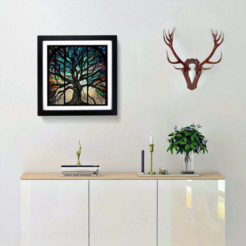 Tree Stained Glass Effect - Framed Print, Black