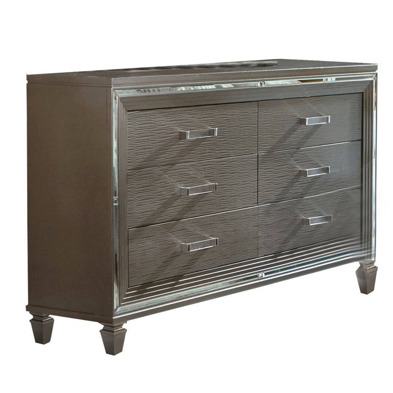Commode 6 tiroirs texturée à l’avant avec miroir biseauté, argent, blanc