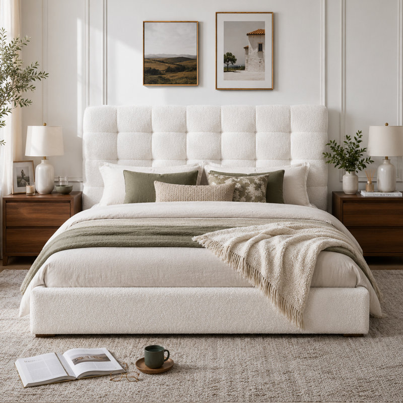 Lit plateforme tapissier hydraulique avec rangement Gaillarde Arcadia, blanc Boucle, grand, Boucle blanc, Grand lit