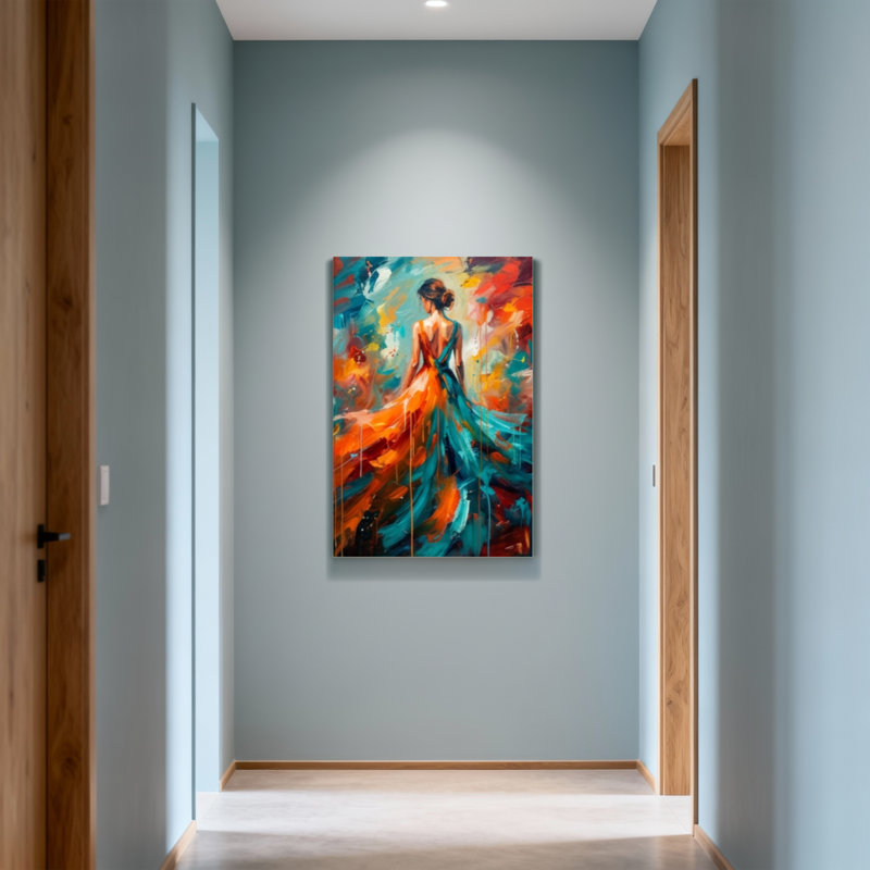 Abstrait coloré abstrait femme en robe fluide, H 18 po x l 12 po