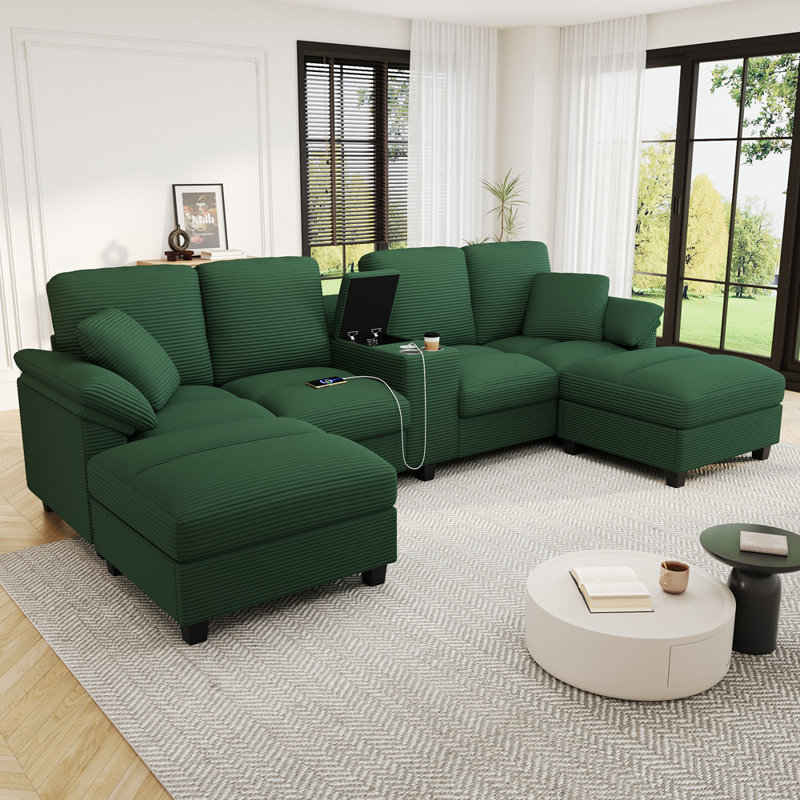 U-shaped Sectional Sofa (Green), Green Corduroy