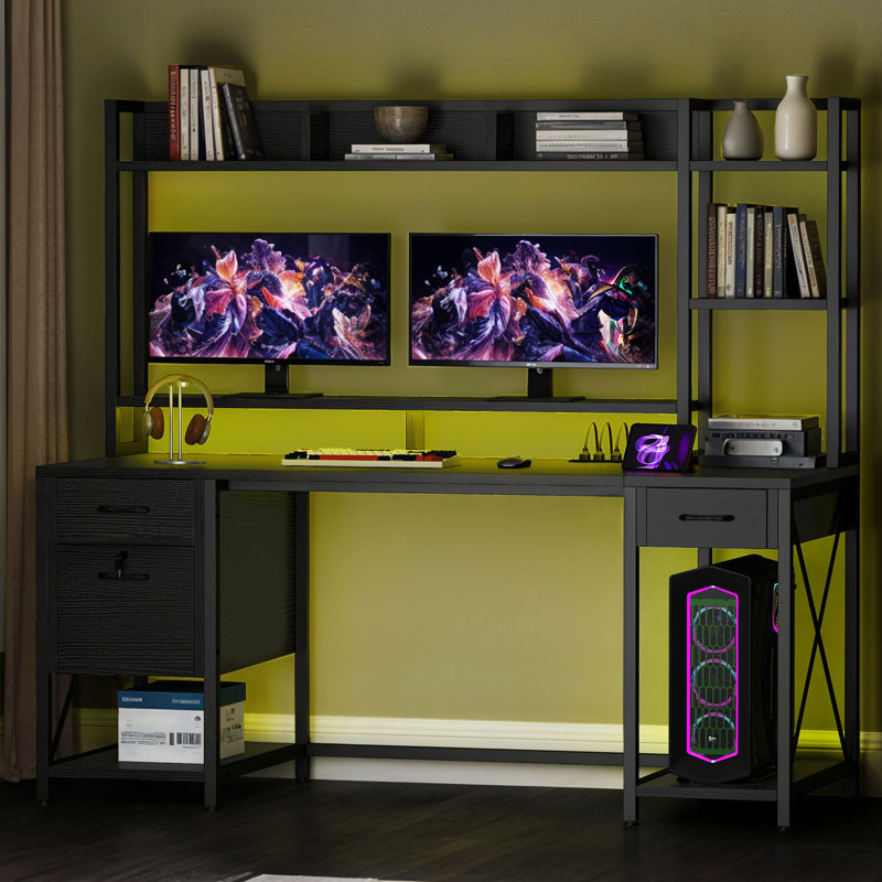  59" Computer Desk With Storage Hutch, LED Lights & Power Outlets, Home Office Desk With Lockable Drawers & Monitor Stand