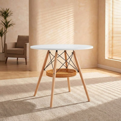 Table de salle à manger ronde en bois et blanc de 80 cm (31,5 po) avec panier sous la table pour petits espaces