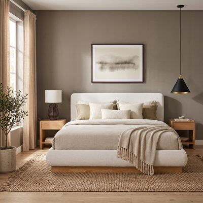 Bellor Modern Neoclassical Bouclé Upholstered Platform Bed with Oversized Headboard & Solid Rubberwood Base