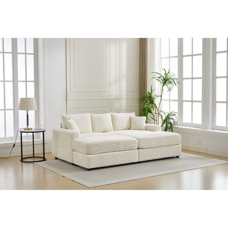 Ensemble de 2 housses de coussins et coussins en velours côtelé 2 pièces, beige, modulaire 2 places, 210 x 142 x 78 cm, avec structure confortable et coussins beige