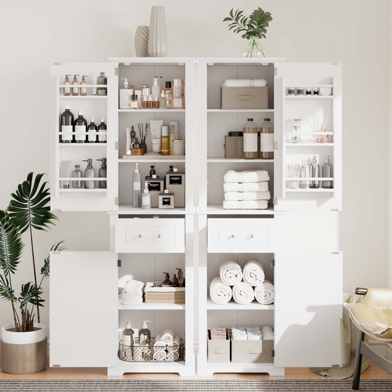 Grande armoire de rangement pour salle de bain avec portes de différentes tailles et tablette réglable