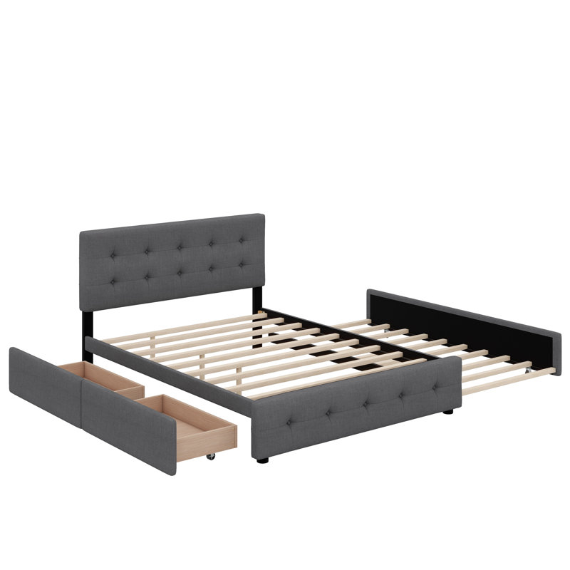Grand lit plateforme tapissier avec 2 tiroirs et un lit gigogne, Gris foncé