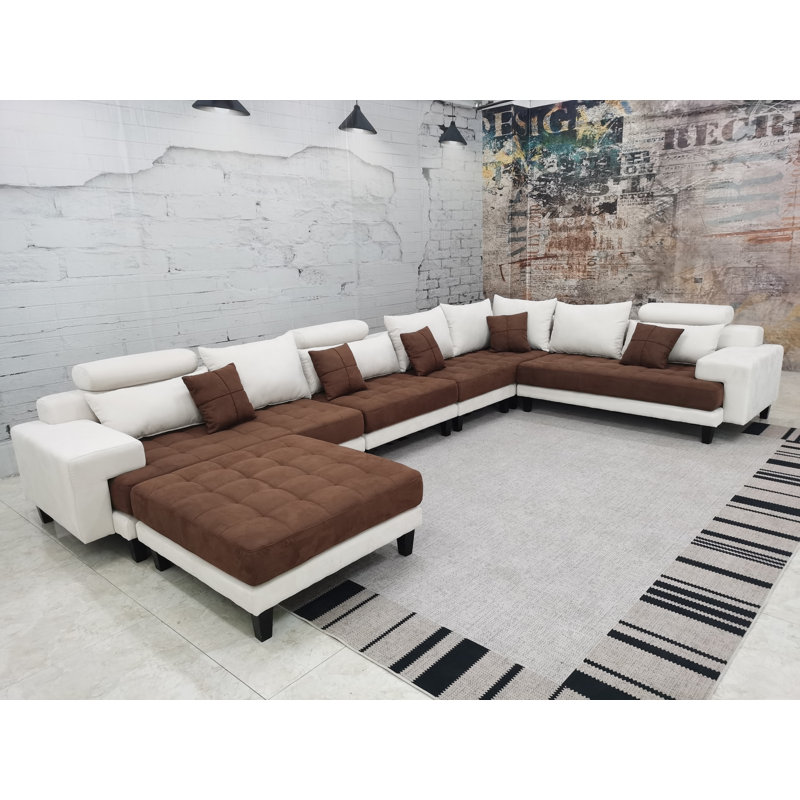 Mandey Upholstered Sectional Reversible, Brown/Cream Microfiber/Microsuede