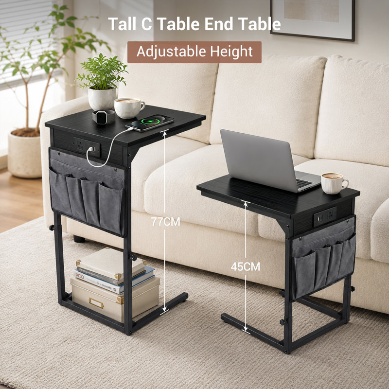 Table de bout en C avec station de charge et sac de rangement, table d'appoint à hauteur réglable pour canapé, table d'appoint pour canapé pour chambre à coucher, salon