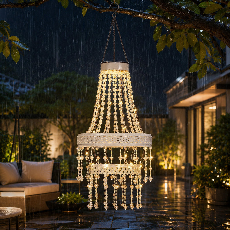 Lanterne solaire suspendue d'extérieur avec lustre en cristal blanc, double structure moderne en acrylique cristal, étanche, idéale pour la décoration de jardin, la terrasse, les fêtes et les chambres. Parfait pour une tonnelle, un jardin, un patio, une fête ou une chambre.