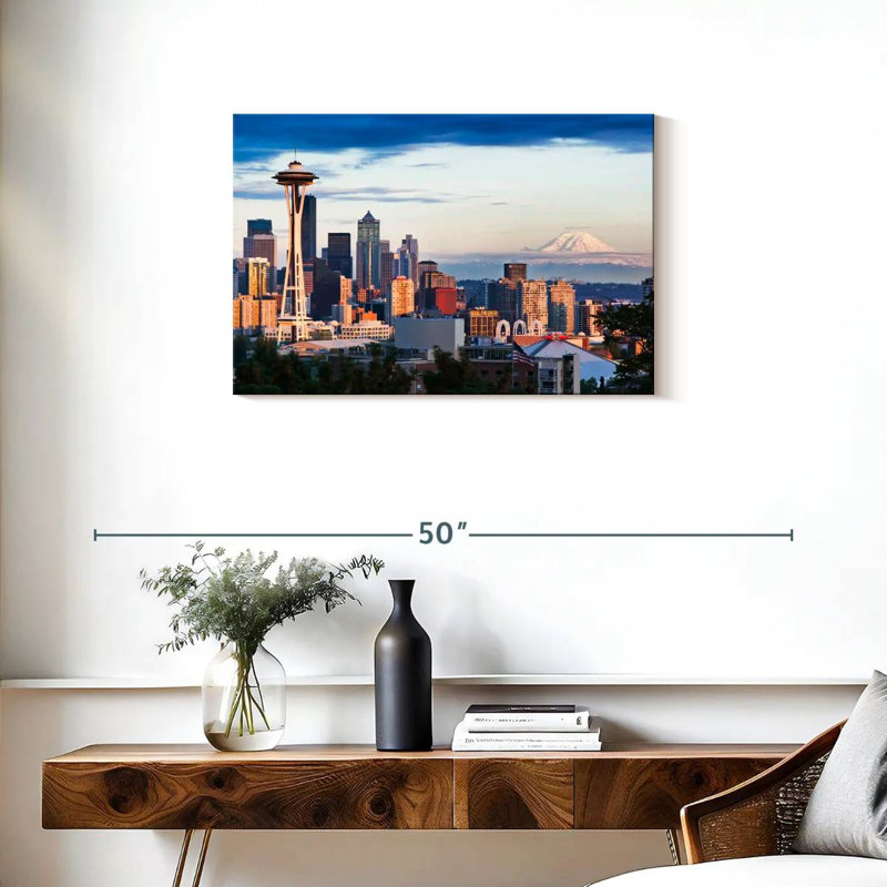 Skyline de Sirci Seattle et Mont Rainier, H 20 po x l 30 po