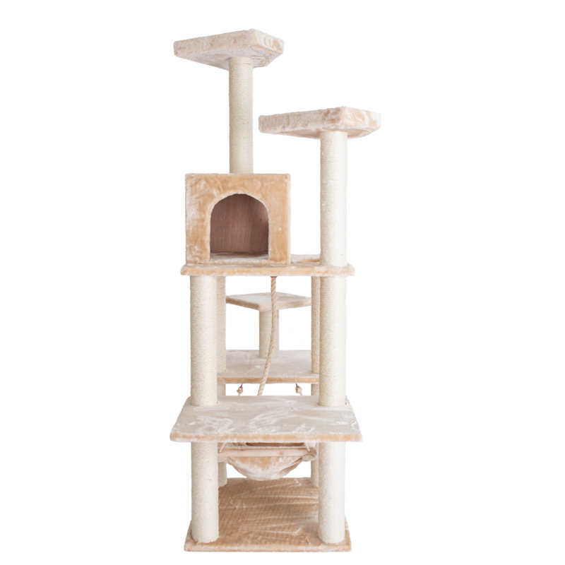 Beige Faux Fur Multi-Level Cat Tree with Sisal Posts