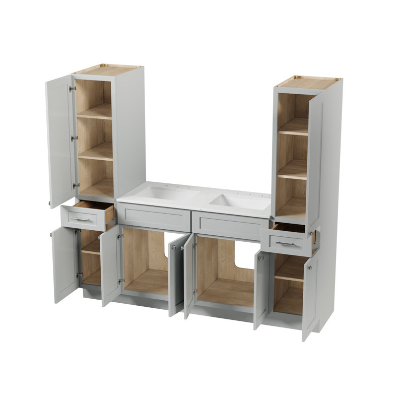 Meuble-lavabo double 78 po avec comptoir en quartz de Carrare et armoires en lin, Gris