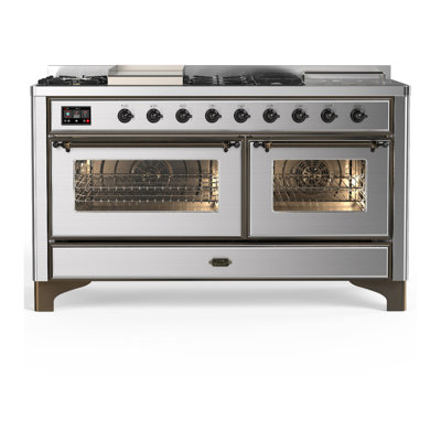 Cuisinière à double combustible 60 pouces avec 7 brûleurs scellés, plaque chauffante, plaque française en acier inoxydable Majestic III Series (gaz naturel, garniture brunie)
