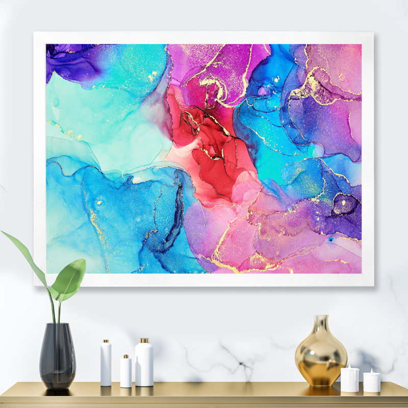 Turquoise luxueux, art abstrait fluide V - peinture sur toile, Cadre photo blanc, H 34 po x l 44 po x P 1,5 po