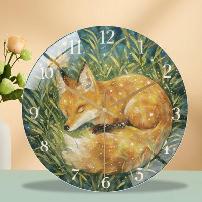 Clock Face Sleeping Fox Grass Art - 12'' Modern Glass Wall Clock