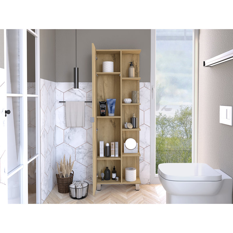 Urano Linen High Bathroom Cabinet with Four Exterior Open Shelves, Natural Brown