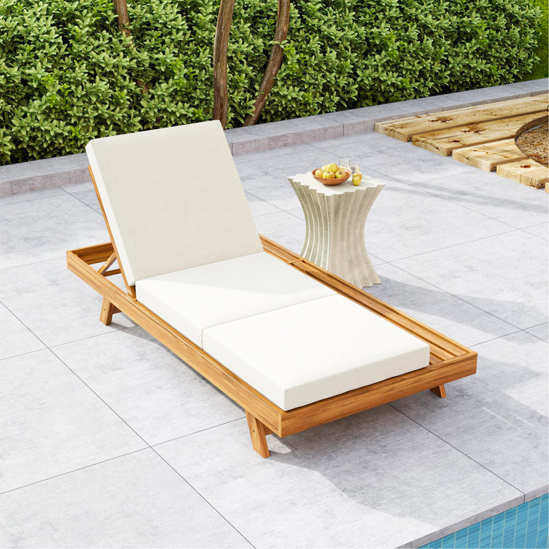 LOUNGE CHAISE SET, SPACE AVAILABLE ON ONE SIDE,ACACIA SOLID WOOD WITH LOUNGE CUSHION (CREAM & TRIPLE FOLD) - MATCHING DARK GREY VERSION AVAILABLE