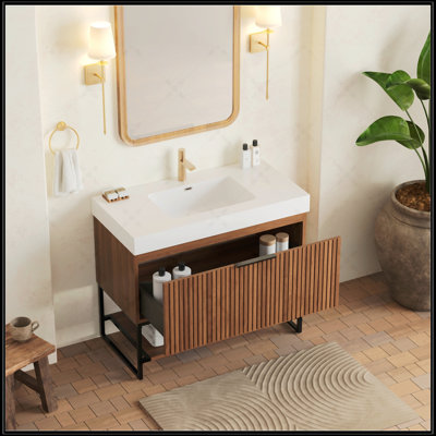 Freestanding Bathroom Vanity With Integrated Resin Basin, Plywood Storage Cabinet, Drawer, And Open Shelf, Dark Walnut Finish