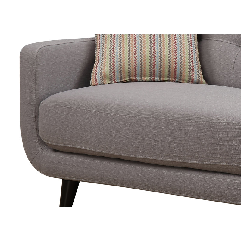 Canapé deux places, mélange de polyester avec structure matelassée, pieds en bois massif, rembourrage en mousse haute densité et 2 coussins décoratifs