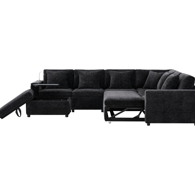 Lit coulissant en chenille de 117 po x 90 po avec 6 sièges, rangement pour mouvement, porte-gobelet rabattable, lampe de lecture tactile, double panneau de charge et oreillers, pivotant et de type C