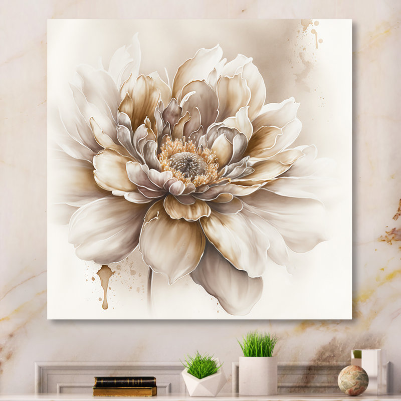 Blooming Beige Floral Design V - Art mural sur toile florale, H 16 po x l 16 po x P 1 po, Toile tendue